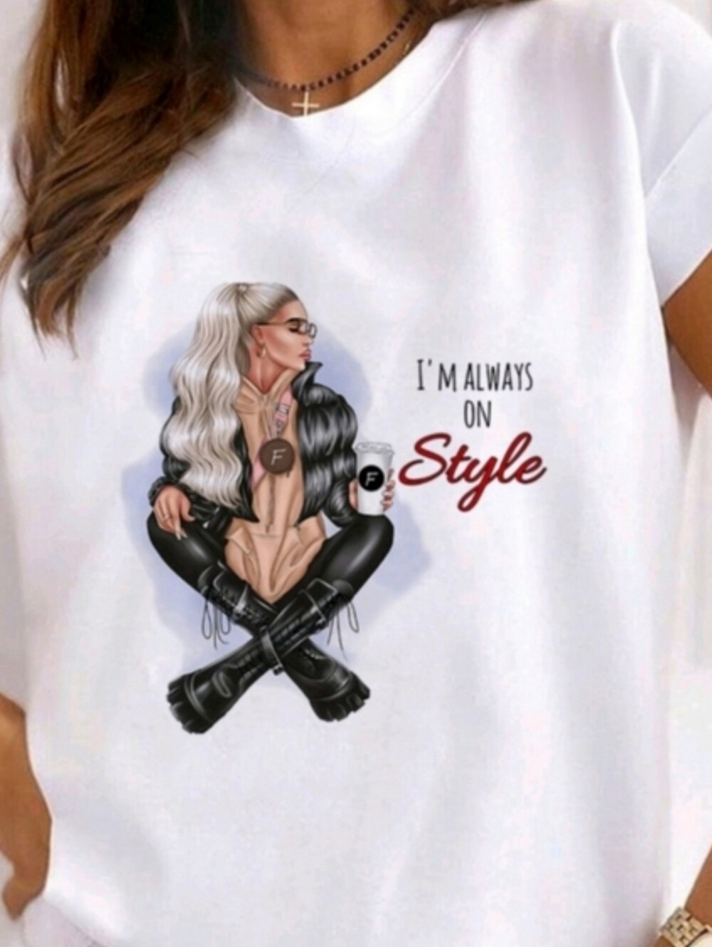 I'm Always On Style Graphic Tee White Short Sleeve Tee Fashion Illustration New
